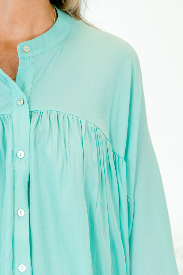 Chic Soul plus size clothing, quarter-sleeve aqua green buttoned top with high v-neckline 