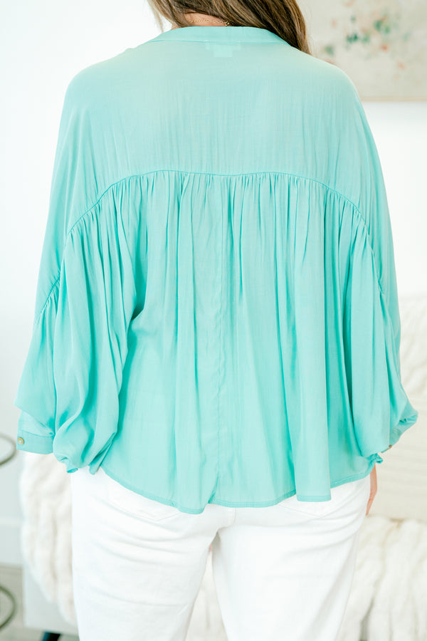 Chic Soul plus size clothing, quarter-sleeve aqua green buttoned top with high v-neckline 