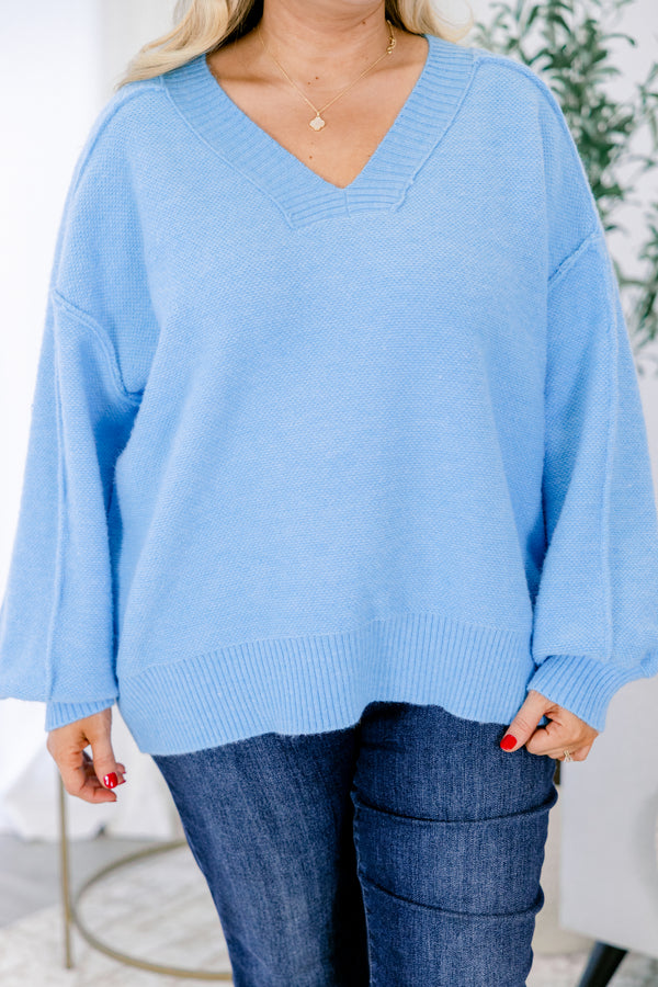 Chic Soul plus size clothing, bright blue long bubble sleeve v neck sweater with chunky stitching detail on the seams on sleeves