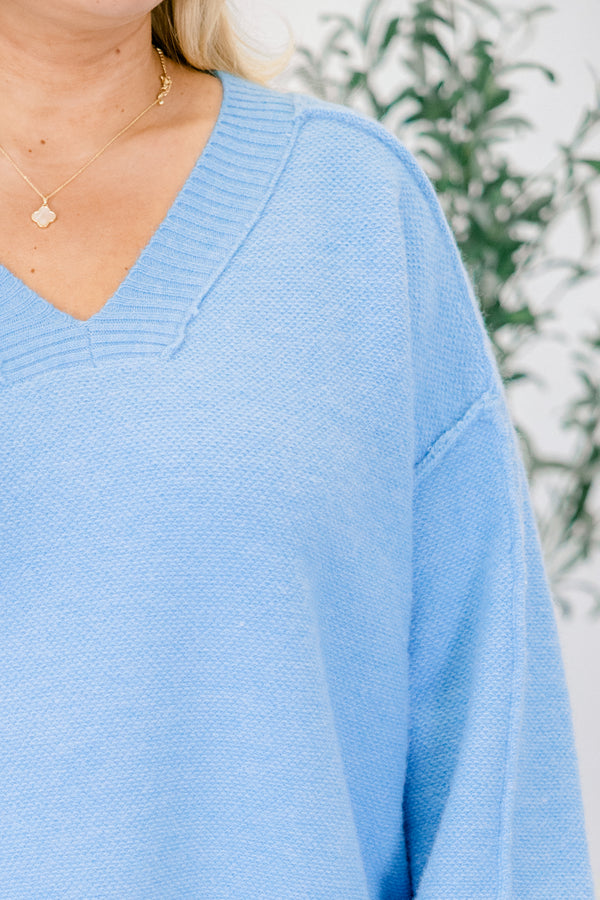 Chic Soul plus size clothing, bright blue long bubble sleeve v neck sweater with chunky stitching detail on the seams on sleeves