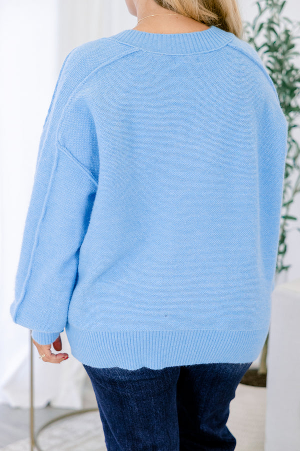 Chic Soul plus size clothing, bright blue long bubble sleeve v neck sweater with chunky stitching detail on the seams on sleeves