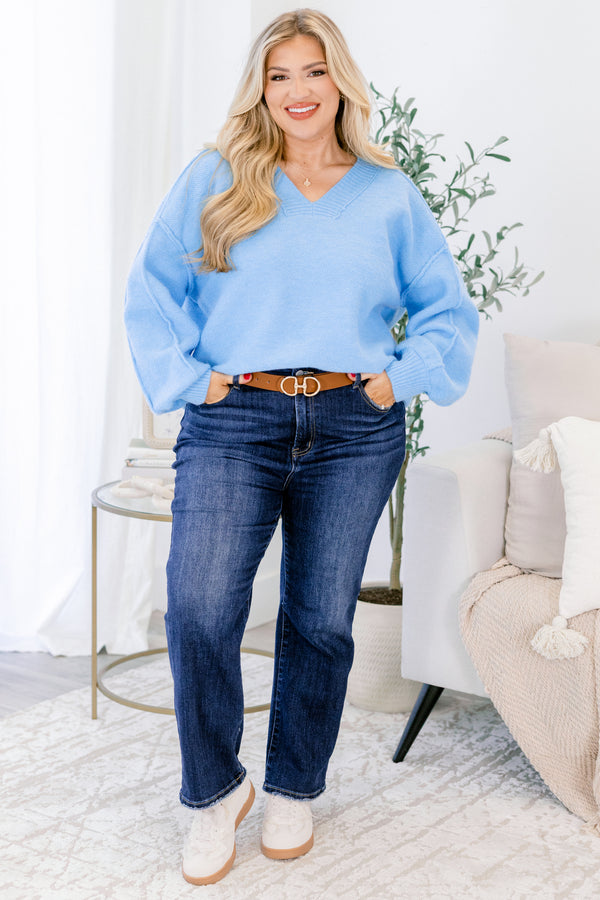 Chic Soul plus size clothing, bright blue long bubble sleeve v neck sweater with chunky stitching detail on the seams on sleeves
