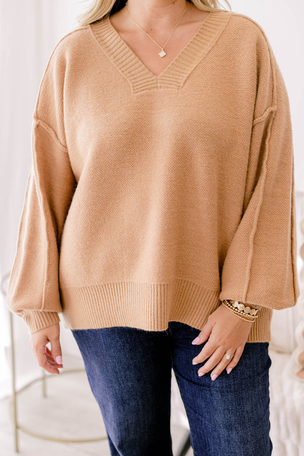 Chic Soul plus size clothing, tan long puff sleeve sweater with a v neckline and exterior details on the seams
