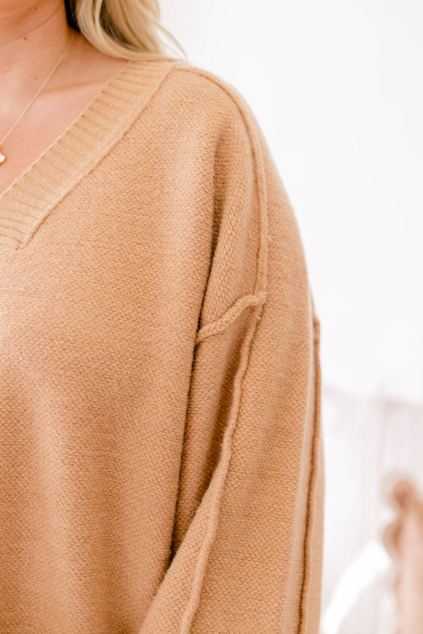 Chic Soul plus size clothing, tan long puff sleeve sweater with a v neckline and exterior details on the seams
