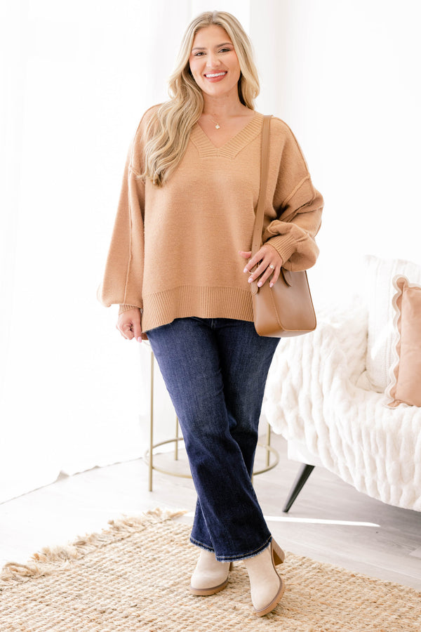 Chic Soul plus size clothing, tan long puff sleeve sweater with a v neckline and exterior details on the seams
