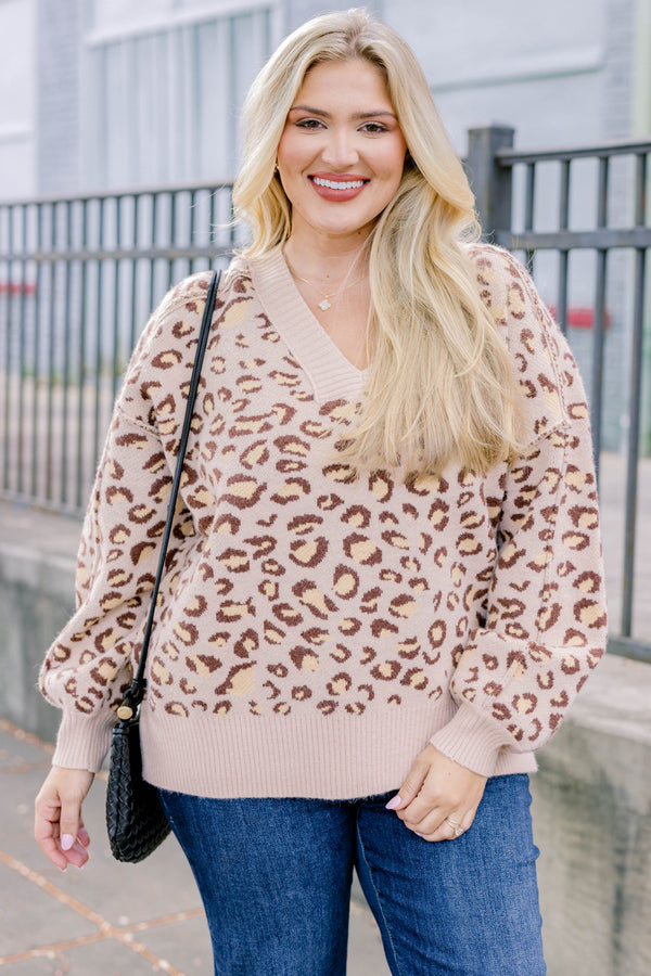 Chic Soul plus size clothing, tan leopard print long sleeve v neck sweater