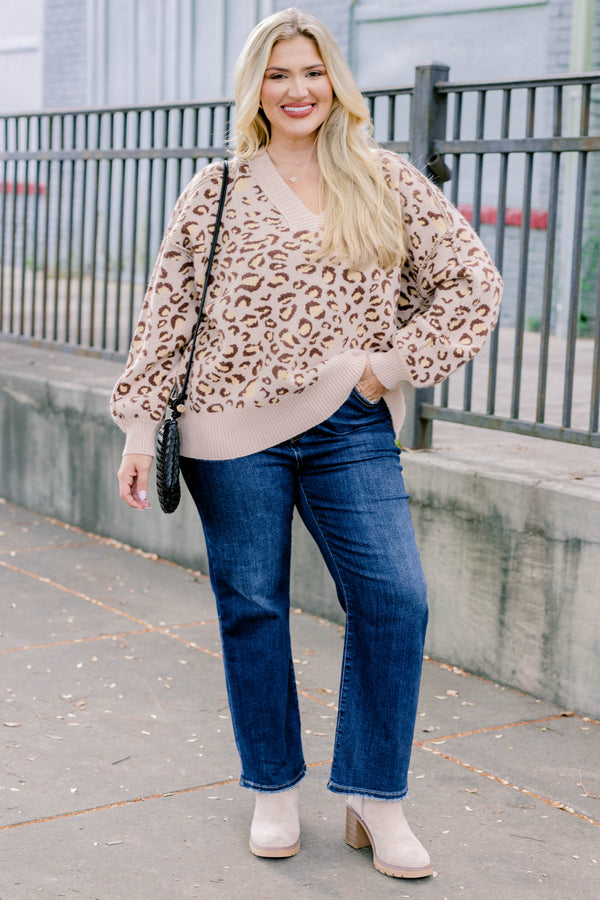 Chic Soul plus size clothing, tan leopard print long sleeve v neck sweater