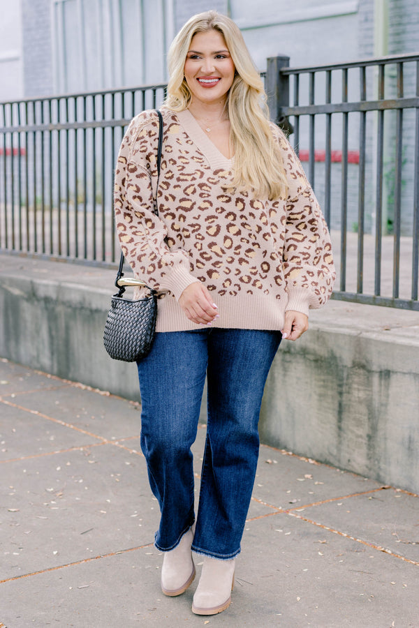 Chic Soul plus size clothing, tan leopard print long sleeve v neck sweater