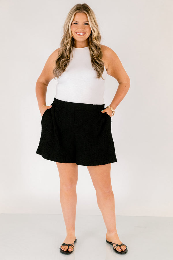 Chic Soul plus size clothing, black flowy shorts with elastic waistband 