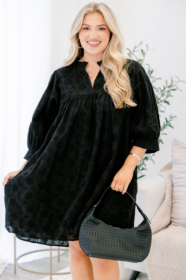 Chic Soul plus size clothing, black embroidery puff sleeve short baby doll dress with v neckline cutout 