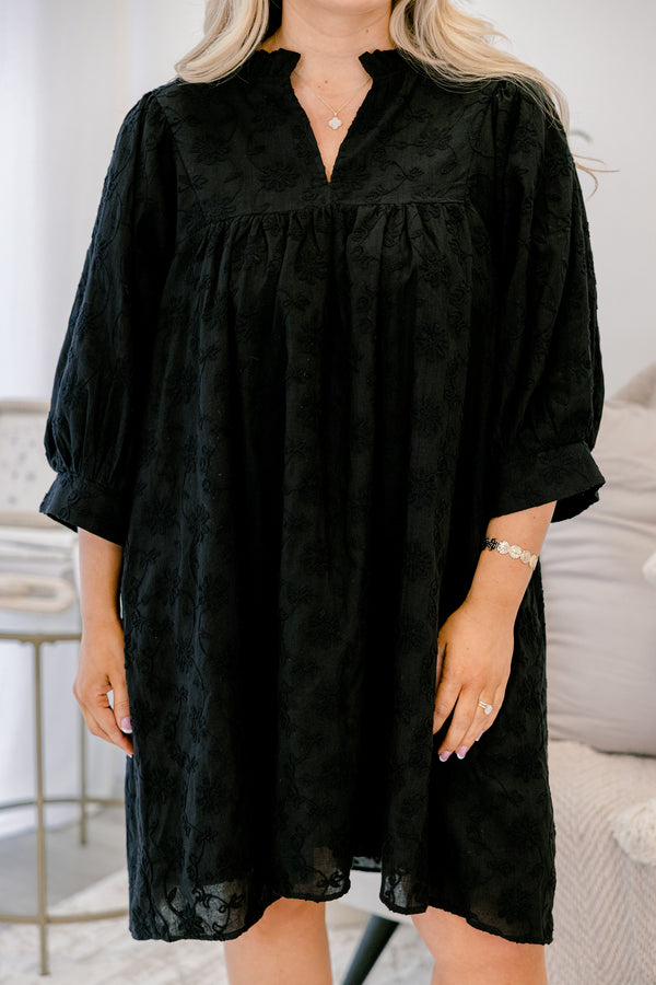 Chic Soul plus size clothing, black embroidery puff sleeve short baby doll dress with v neckline cutout 