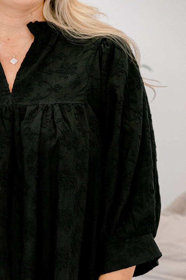 Chic Soul plus size clothing, black embroidery puff sleeve short baby doll dress with v neckline cutout 