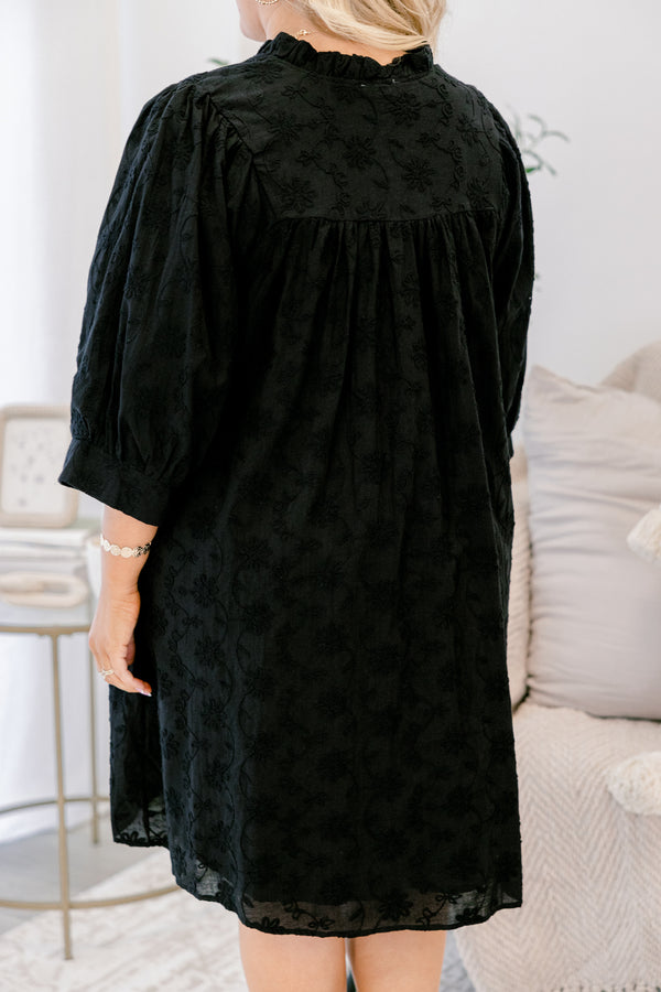 Chic Soul plus size clothing, black embroidery puff sleeve short baby doll dress with v neckline cutout 