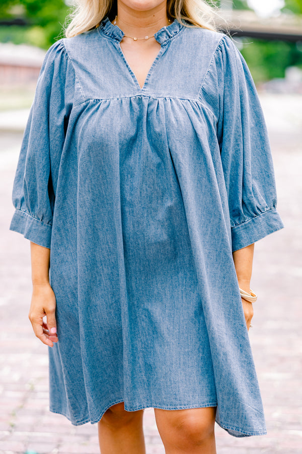 Chic Soul plus size clothing, blue mid sleeve short dress with cinching on the end of the sleeve and v-neck detail