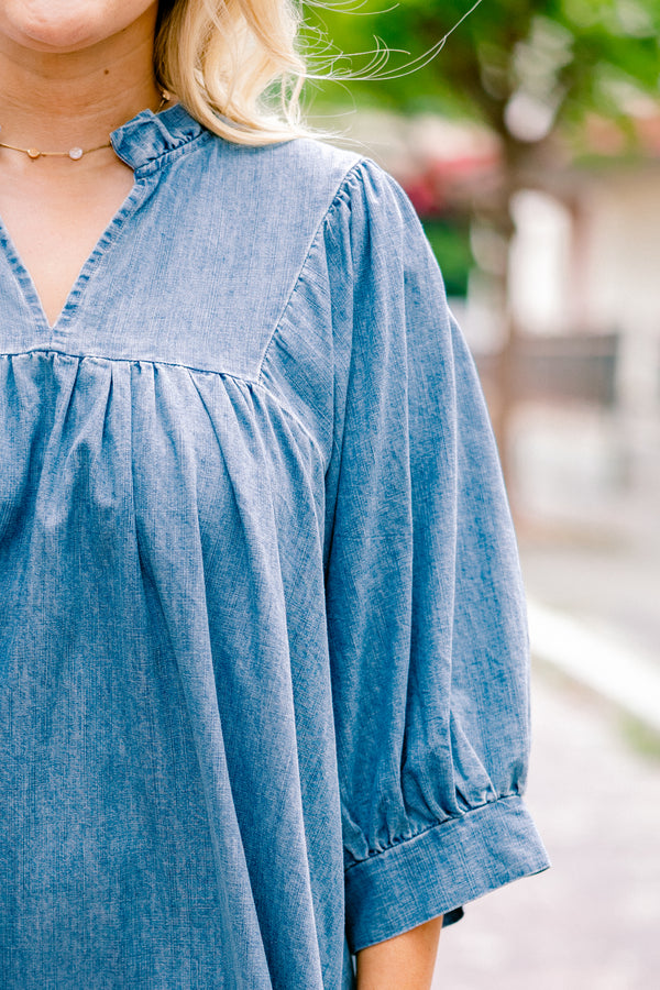 Chic Soul plus size clothing, blue mid sleeve short dress with cinching on the end of the sleeve and v-neck detail