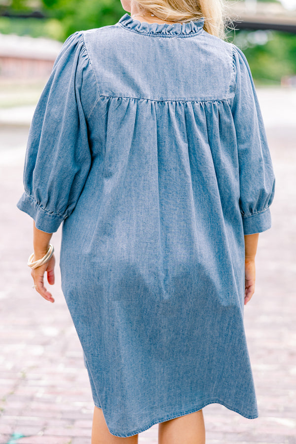 Chic Soul plus size clothing, blue mid sleeve short dress with cinching on the end of the sleeve and v-neck detail