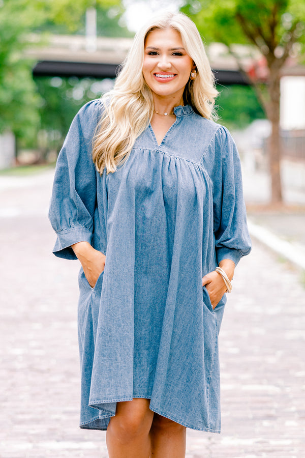 Chic Soul plus size clothing, blue mid sleeve short dress with cinching on the end of the sleeve and v-neck detail