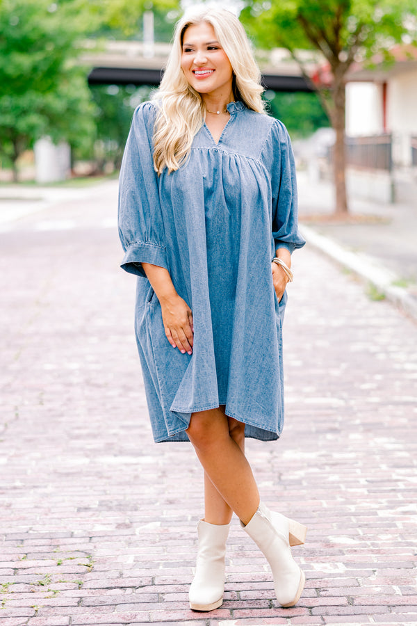 Chic Soul plus size clothing, blue mid sleeve short dress with cinching on the end of the sleeve and v-neck detail
