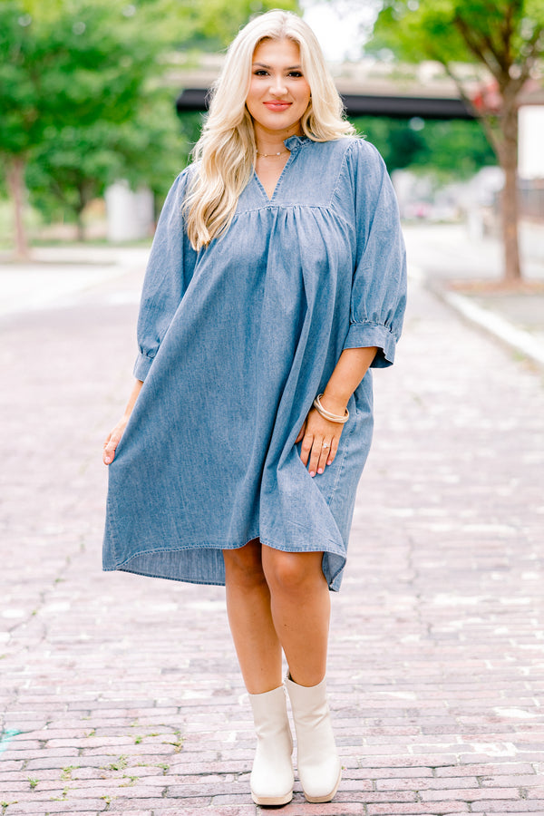 Chic Soul plus size clothing, blue mid sleeve short dress with cinching on the end of the sleeve and v-neck detail