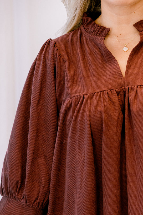 Chic Soul plus size clothing, brown short sleeve corduroy flowy dress with v neckline cutout  