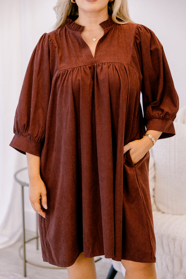 Chic Soul plus size clothing, brown short sleeve corduroy flowy dress with v neckline cutout  
