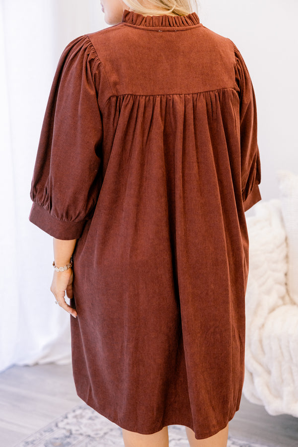 Chic Soul plus size clothing, brown short sleeve corduroy flowy dress with v neckline cutout  