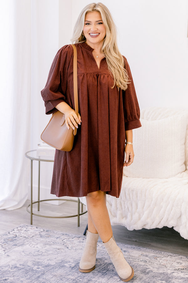 Chic Soul plus size clothing, brown short sleeve corduroy flowy dress with v neckline cutout  