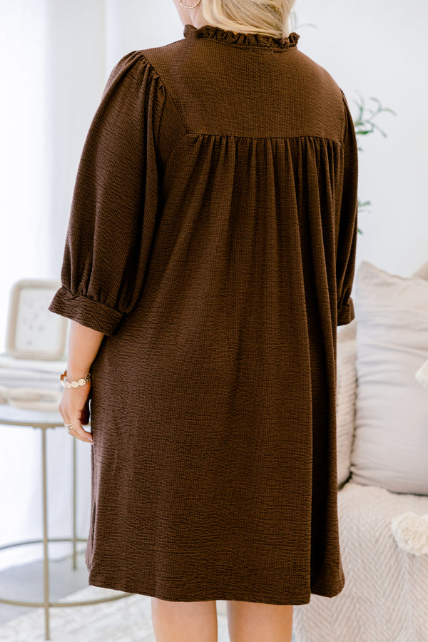 Chic Soul plus size clothing, dark brown mid sleeve short dress with cinching on the end of the sleeve and v-neckline detail