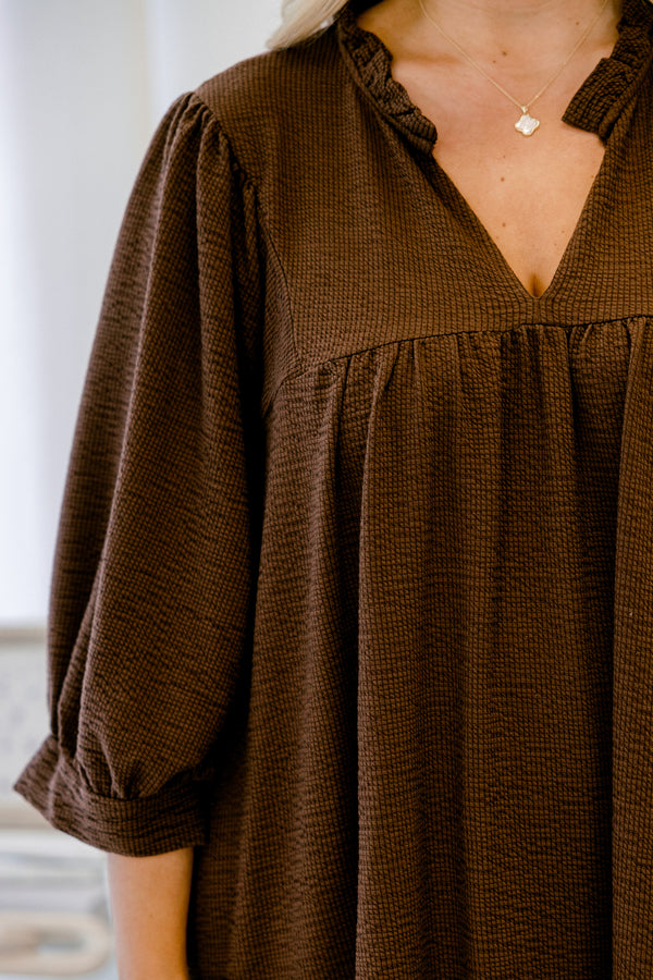 Chic Soul plus size clothing, dark brown mid sleeve short dress with cinching on the end of the sleeve and v-neckline detail