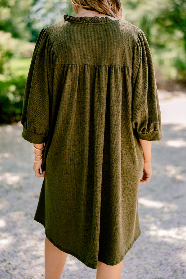 Chic Soul plus size clothing, dark olive ¾ sleeve flowy dress 
