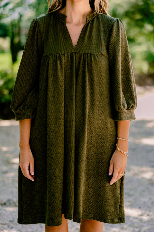 Chic Soul plus size clothing, dark olive ¾ sleeve flowy dress 
