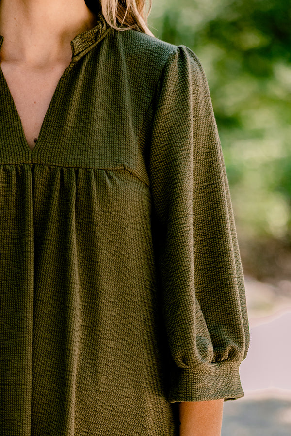 Chic Soul plus size clothing, dark olive ¾ sleeve flowy dress 
