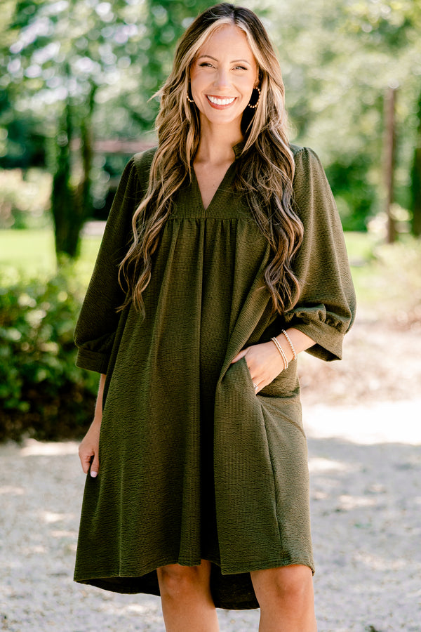 Chic Soul plus size clothing, dark olive ¾ sleeve flowy dress 
