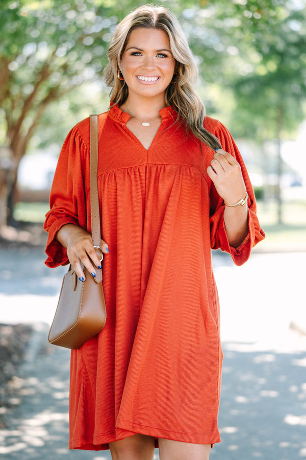 Rust colored short dress with high low hemline