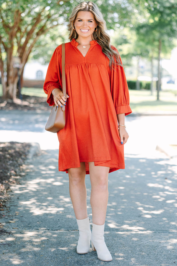 Rust colored short dress with high low hemline