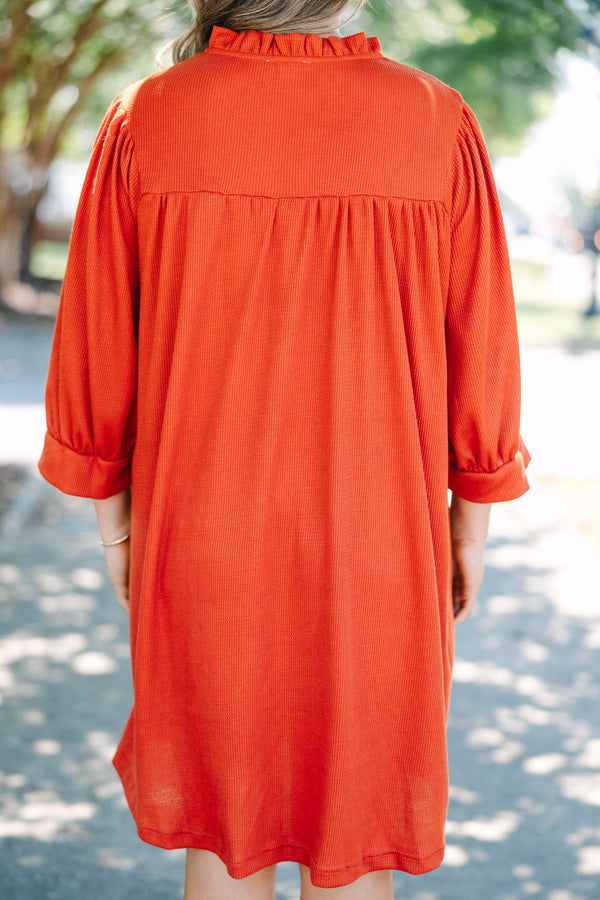 Rust colored short dress with high low hemline