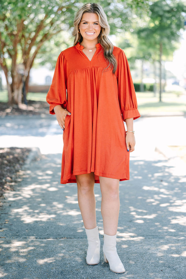 Rust colored short dress with high low hemline