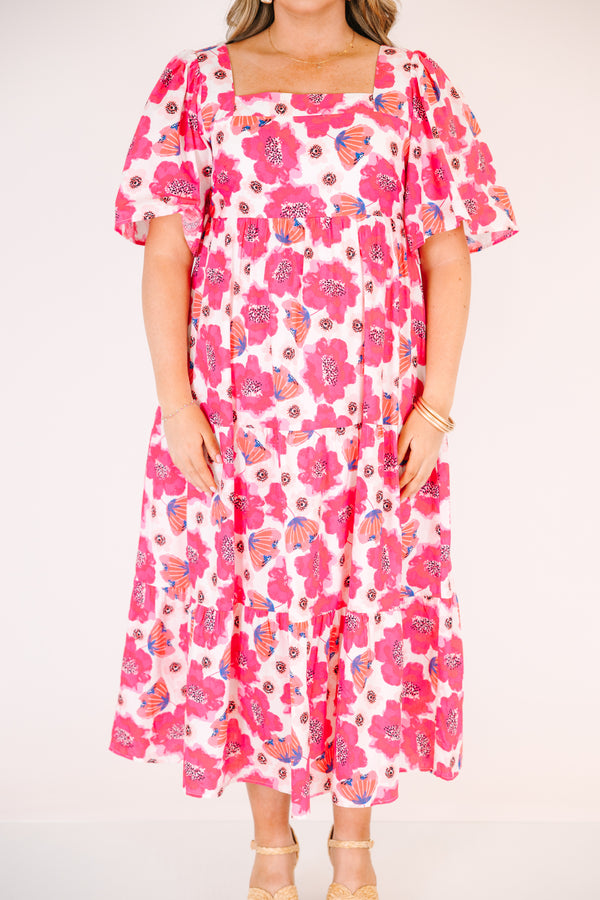 Chic Soul plus size clothing, pink floral print maxi dress with short puff sleeves