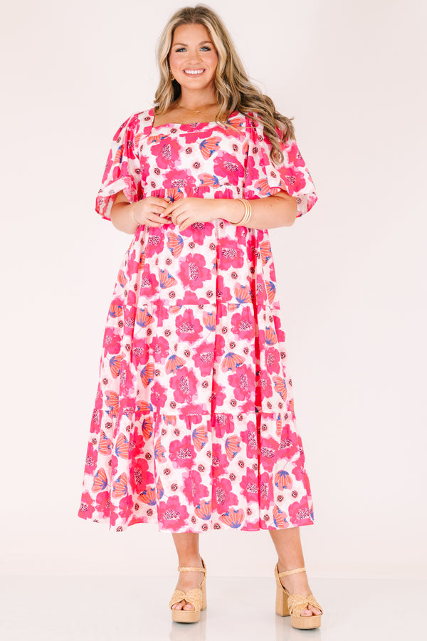 Chic Soul plus size clothing, pink floral print maxi dress with short puff sleeves