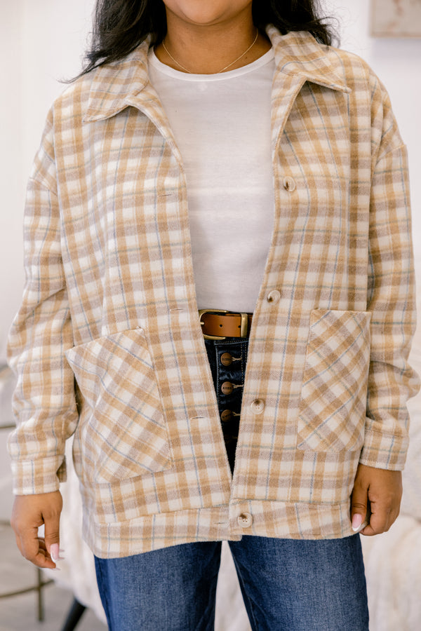 Chic Soul plus size clothing, brown plaid long sleeve button up shacket with 2 front pockets and a collar