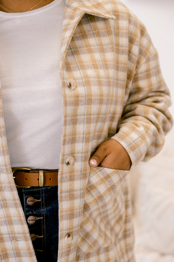 Chic Soul plus size clothing, brown plaid long sleeve button up shacket with 2 front pockets and a collar