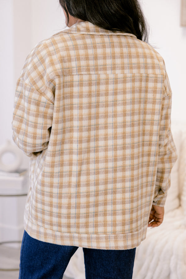 Chic Soul plus size clothing, brown plaid long sleeve button up shacket with 2 front pockets and a collar