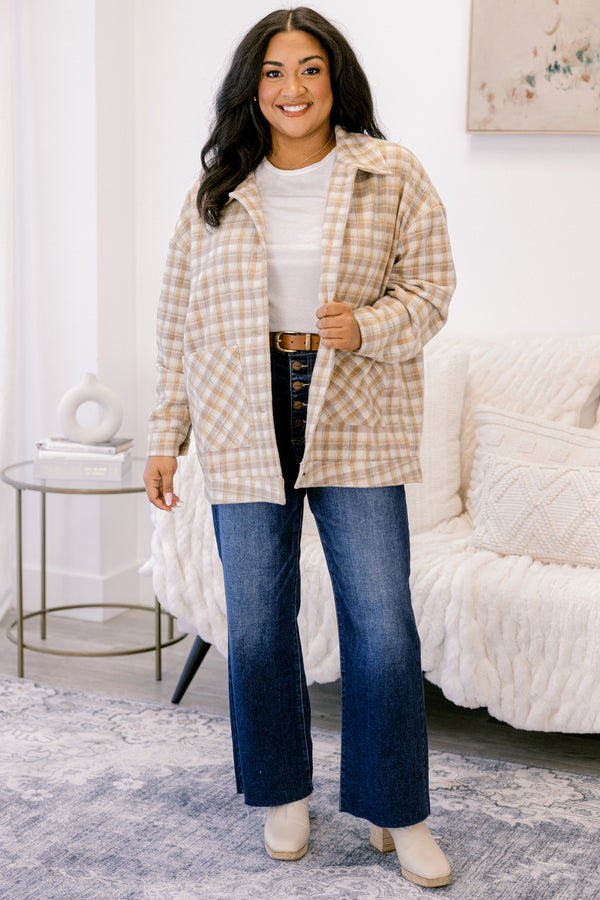Chic Soul plus size clothing, brown plaid long sleeve button up shacket with 2 front pockets and a collar