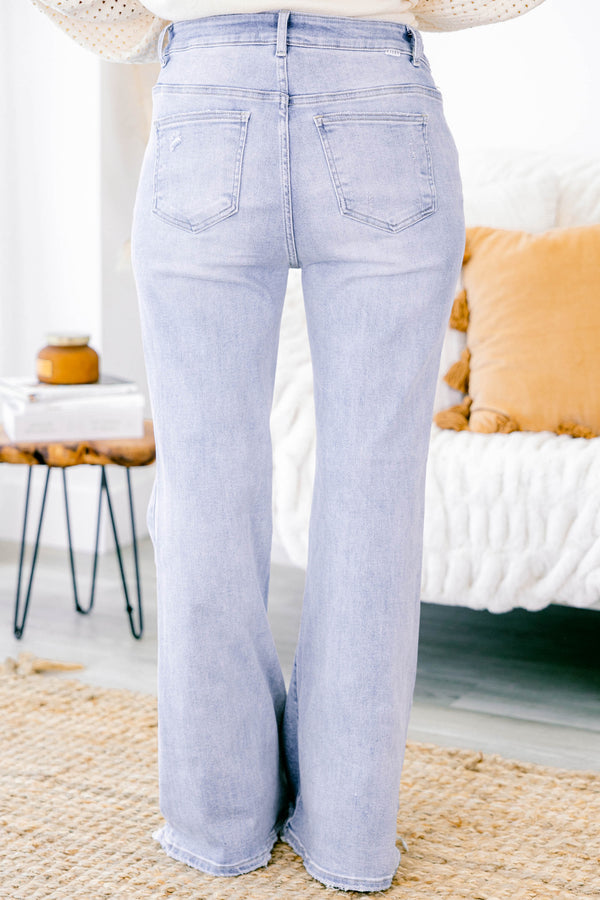 Chic Soul plus size clothing, light wash high rise flare jeans with distressed hem