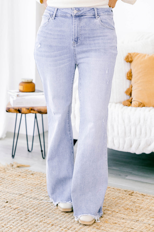 Chic Soul plus size clothing, light wash high rise flare jeans with distressed hem