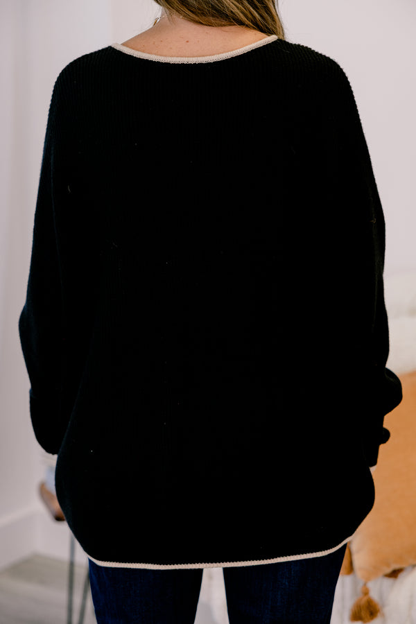 Chic Soul plus size clothing, black long sleeve sweater with front chest pocket and cream outlining on the hem, collar, and pocket
