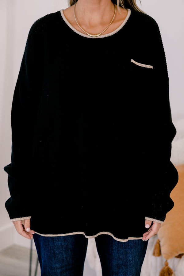Chic Soul plus size clothing, black long sleeve sweater with front chest pocket and cream outlining on the hem, collar, and pocket