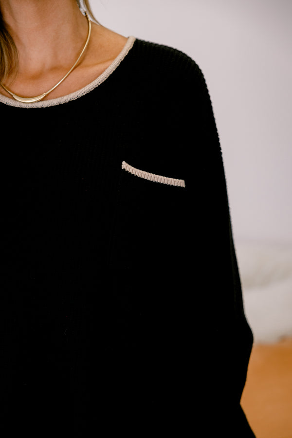 Chic Soul plus size clothing, black long sleeve sweater with front chest pocket and cream outlining on the hem, collar, and pocket
