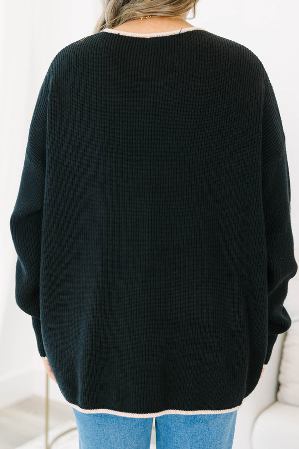 Chic Soul plus size clothing, black long sleeve sweater with front chest pocket and cream outlining on the hem, collar, and pocket