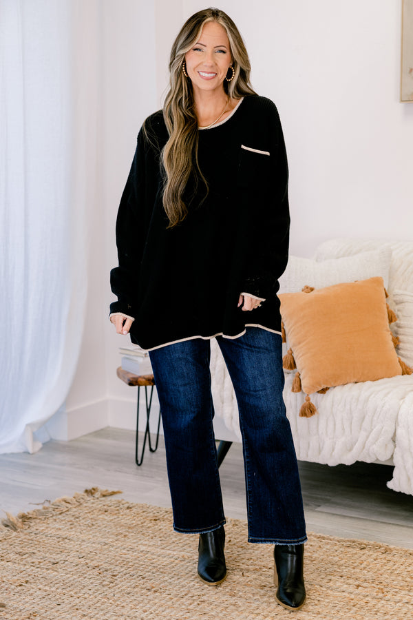 Chic Soul plus size clothing, black long sleeve sweater with front chest pocket and cream outlining on the hem, collar, and pocket